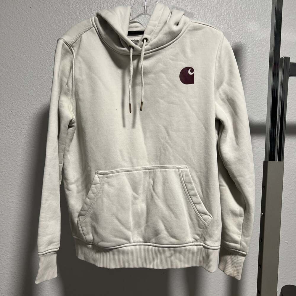Carhartt Women's Relaxed Fit Hoodie Cream Logo Sleeve Graphic TS0288-W Sz Small